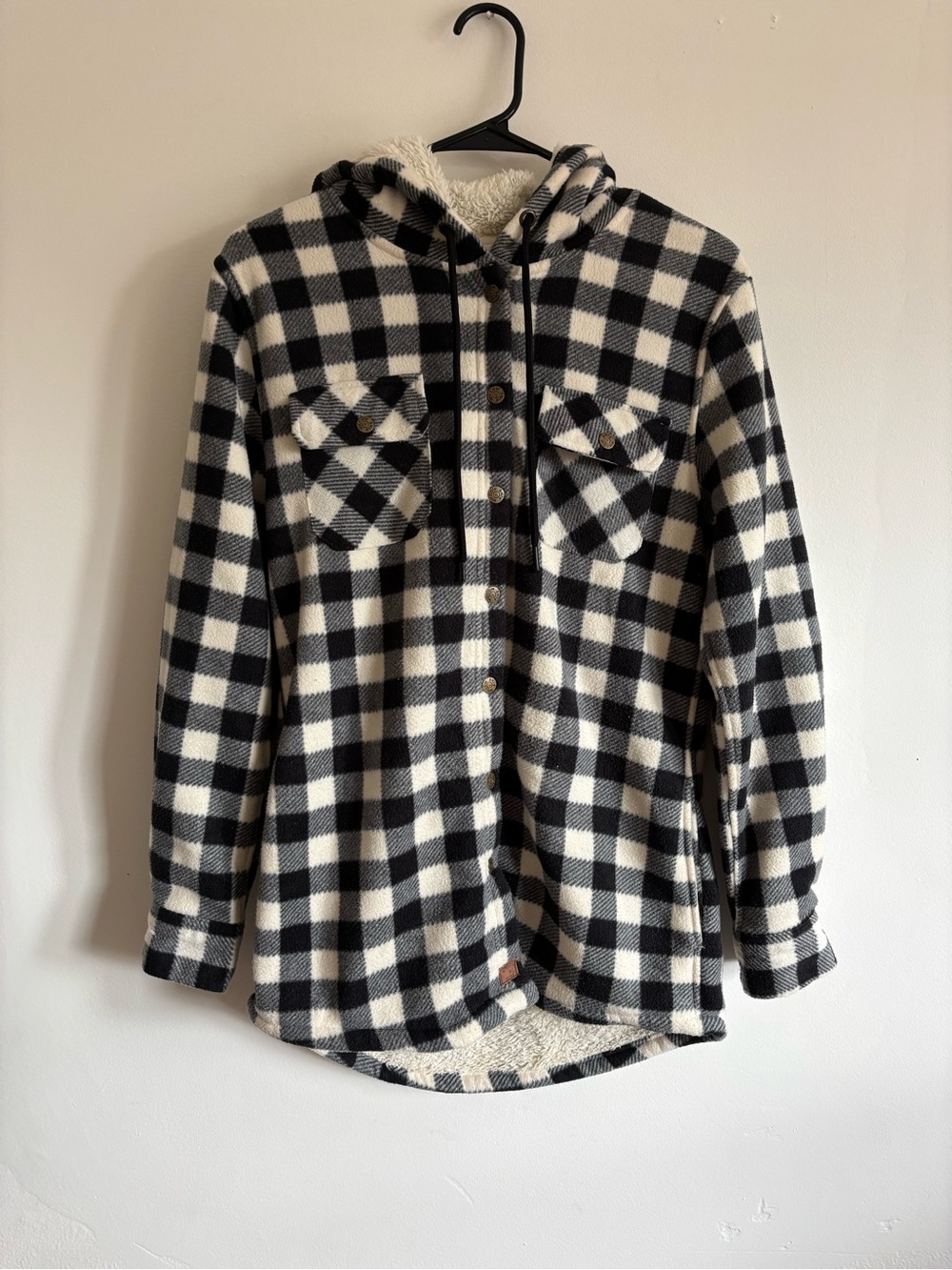 Willow & pine Black, White and Gray Buffalo Plaid Sherpa Shirt Jacket